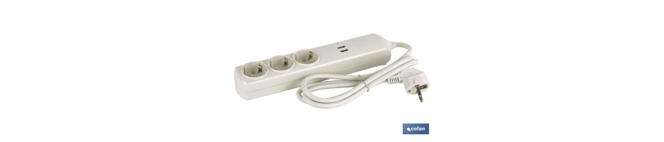 Base Bipolar 3 tomas y prolongación con T/T lateral y 2 puertos USB