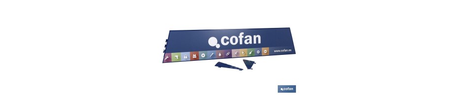 Cartela con logo Cofan expositor rincón